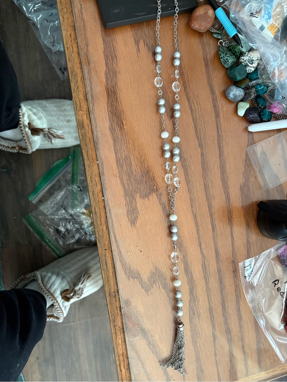 Silver and White Beaded Tassel Necklace 12 inches